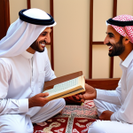 ** A smiling expat learning basic Arabic phrases from a friendly Kuwaiti local. Focus on friendly interaction and cultural exchange.

**