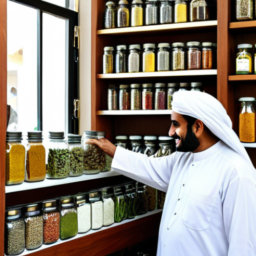 쿠웨이트 전통 허브티 - Modern Kuwaiti Herbal Tea Shop**

"A bright and airy Kuwaiti herbal tea shop, featuring shelves stoc...