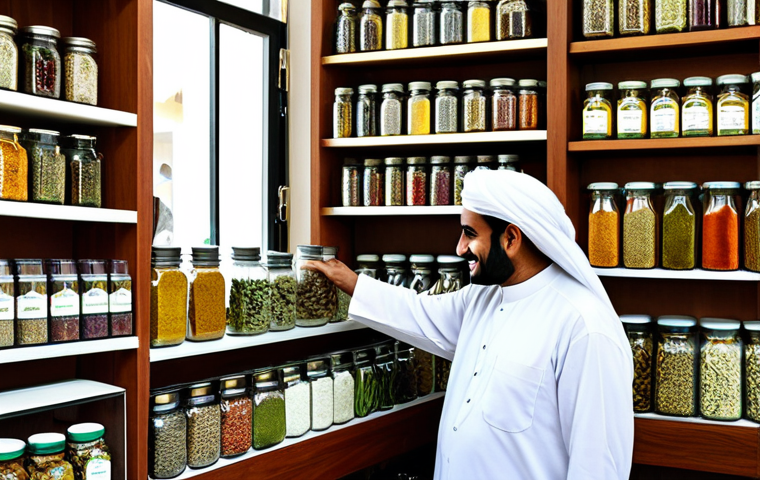 쿠웨이트 전통 허브티 - Modern Kuwaiti Herbal Tea Shop**

"A bright and airy Kuwaiti herbal tea shop, featuring shelves stoc...